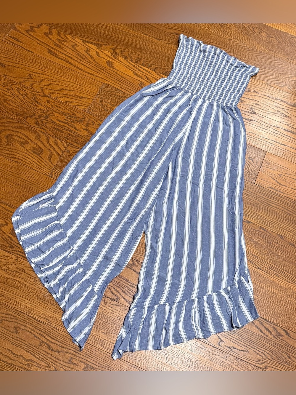 Angie Women’s Blue & White Striped Smocked Tube Top Wide Leg Jumpsuit Size S